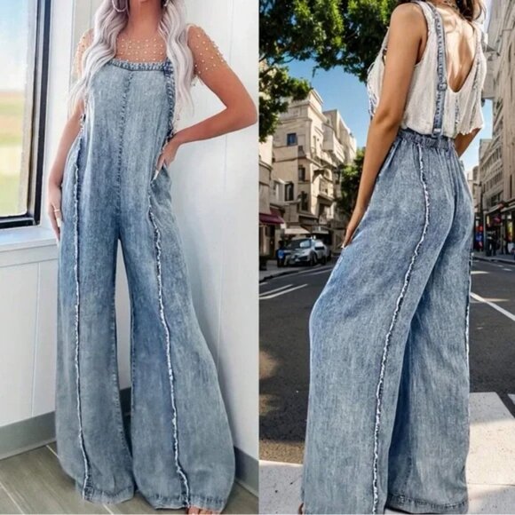 Light wash Denim Frayed Detail wide leg Jumpsuit Overalls - Picture 1 of 3